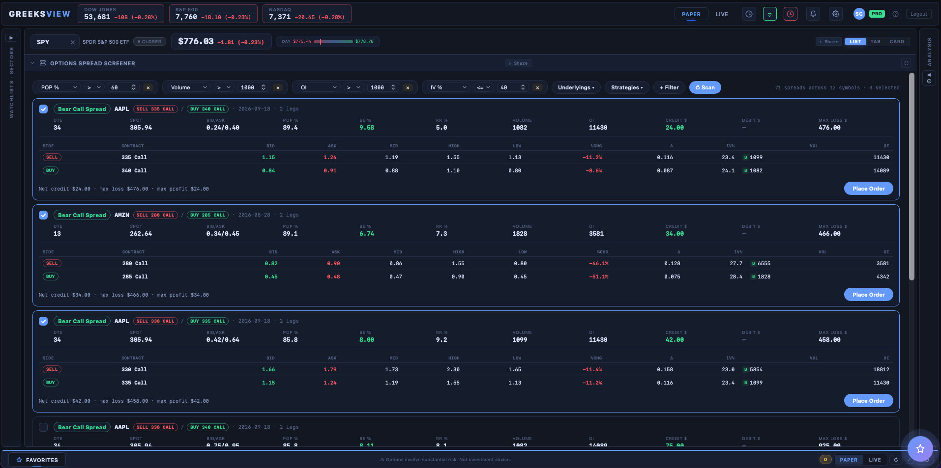 GreeksView product tour: Options screener call spread